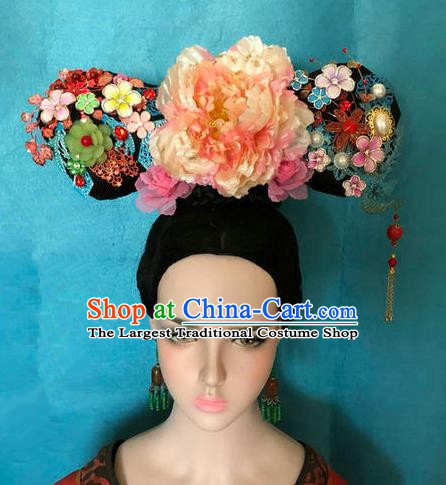 Traditional Chinese Qing Dynasty Palace Princess Pink Peony Headwear Ancient Manchu Lady Hair Accessories for Women