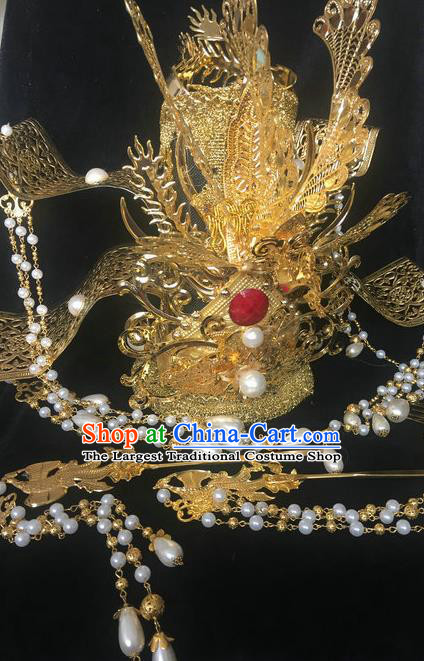 Traditional Chinese Tang Dynasty Queen Golden Phoenix Coronet Hairpins Handmade Ancient Palace Hair Accessories for Women