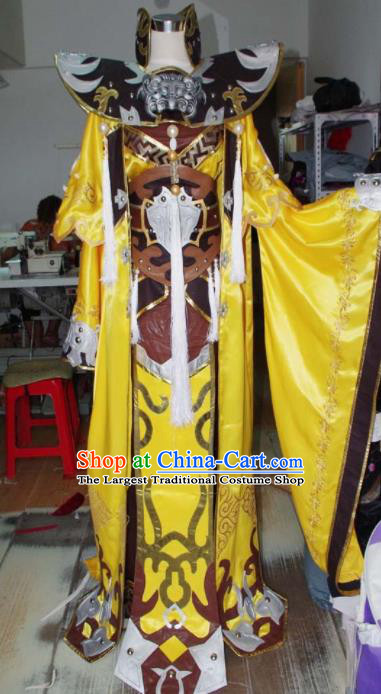 Traditional Chinese Cosplay Royal Highness Knight Yellow Clothing Ancient Swordsman Embroidered Costume for Men
