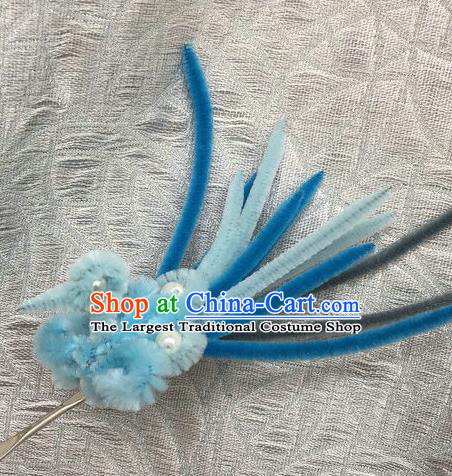 Traditional Chinese Handmade Palace Hair Accessories Ancient Qing Dynasty Blue Velvet Bird Hairpins for Women