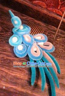 Traditional Chinese Ancient Qing Dynasty Blue Velvet Bird Hair Comb Hairpins Handmade Palace Hair Accessories for Women