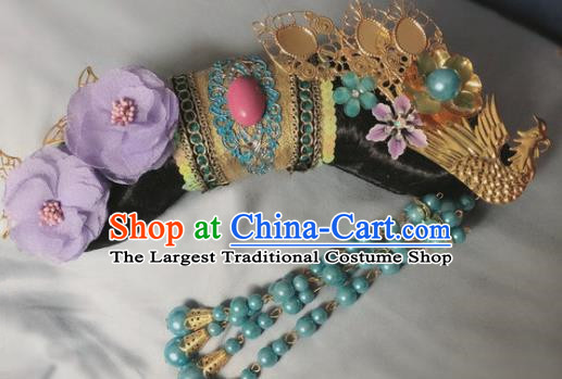 Traditional Chinese Qing Dynasty Imperial Consort Purple Peony Tassel Headwear Ancient Palace Manchu Hair Accessories for Women