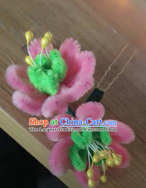 Traditional Chinese Qing Dynasty Pink Velvet Flowers Hairpins Handmade Ancient Palace Hair Accessories for Women