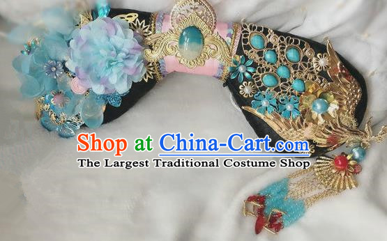 Traditional Chinese Qing Dynasty Imperial Consort Blue Peony Headwear Ancient Palace Manchu Hair Accessories for Women