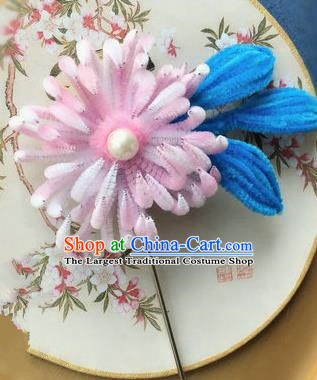 Traditional Chinese Ancient Qing Dynasty Pink Velvet Chrysanthemum Hairpins Handmade Palace Hair Accessories for Women