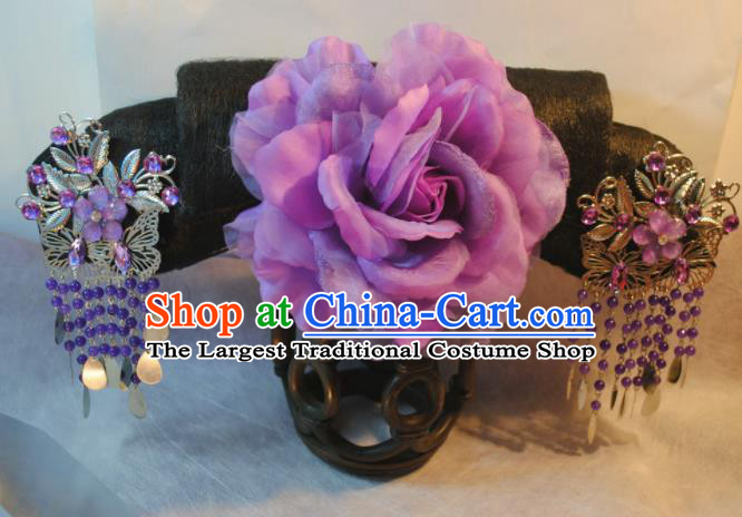 Traditional Chinese Qing Dynasty Manchu Princess Purple Peony Headwear Ancient Palace Lady Hair Accessories for Women