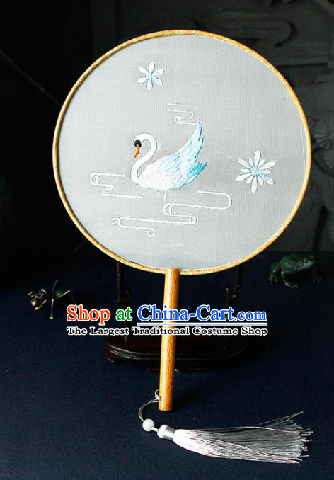 Chinese Traditional Handmade Palace Fans Ancient Princess Embroidered Swan Round Fans for Women