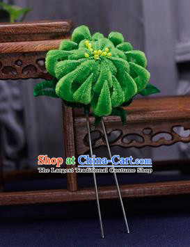 Traditional Chinese Handmade Qing Dynasty Green Velvet Chrysanthemum Hairpins Ancient Imperial Consort Hair Accessories for Women