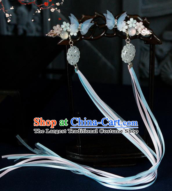 Traditional Chinese Handmade Long Ribbon Blue Butterfly Hair Claws Hairpins Ancient Princess Hair Accessories for Women