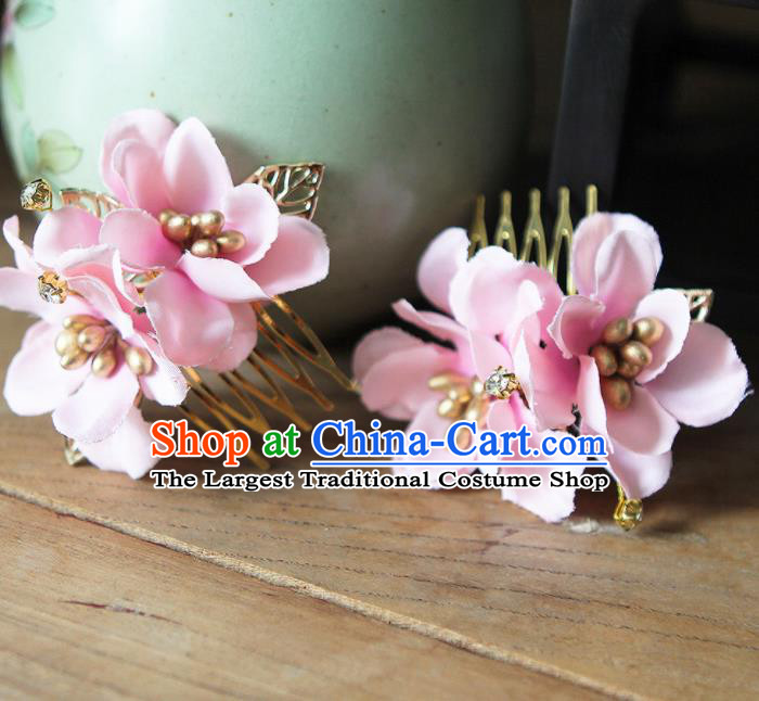 Traditional Chinese Handmade Pink Flowers Hair Combs Hairpins Ancient Princess Hair Accessories for Women