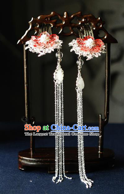 Traditional Chinese Wedding Red Flower Tassel Hair Combs Hairpins Handmade Ancient Bride Hair Accessories for Women