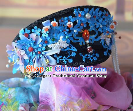 Chinese Qing Dynasty Manchu Imperial Consort Royal Hat Headwear Hairpins Ancient Handmade Queen Hair Accessories for Women