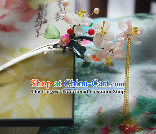 Handmade Chinese Ancient Princess Pink Peach Blossom Hairpins Tassel Hair Clip Headwear Hair Accessories for Women