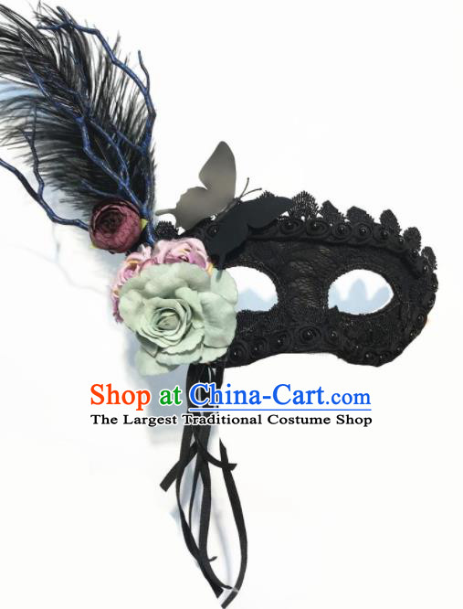 Top Halloween Stage Show Accessories Brazilian Carnival Catwalks Green Rose Feather Face Mask for Women