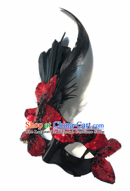 Top Halloween Stage Show Red Paillette Feather Face Mask Brazilian Carnival Catwalks Accessories for Women