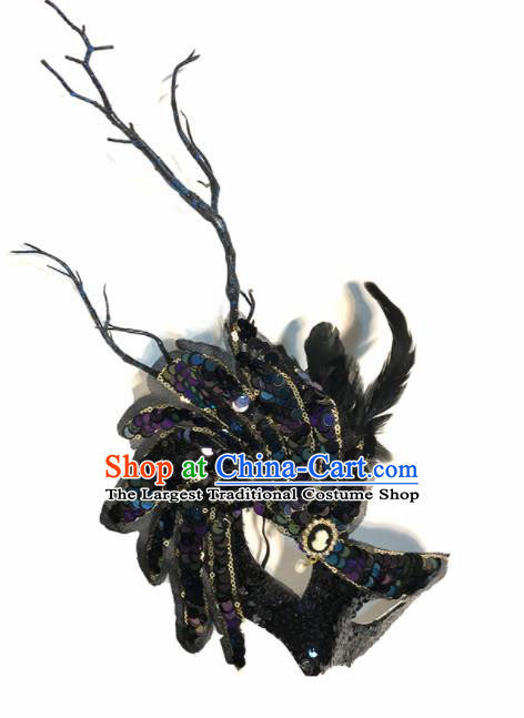 Top Halloween Stage Show Black Paillette Feather Face Mask Brazilian Carnival Catwalks Accessories for Women