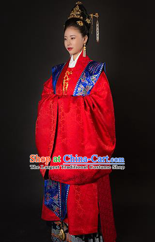 Traditional Chinese Ancient Ming Dynasty Imperial Empress Wedding Red Embroidered Historical Costume and Headpiece Complete Set