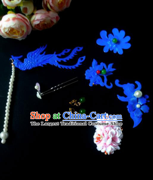 Chinese Handmade Hanfu Palace Blue Phoenix Hair Clip Hairpins Traditional Ancient Princess Hair Accessories for Women