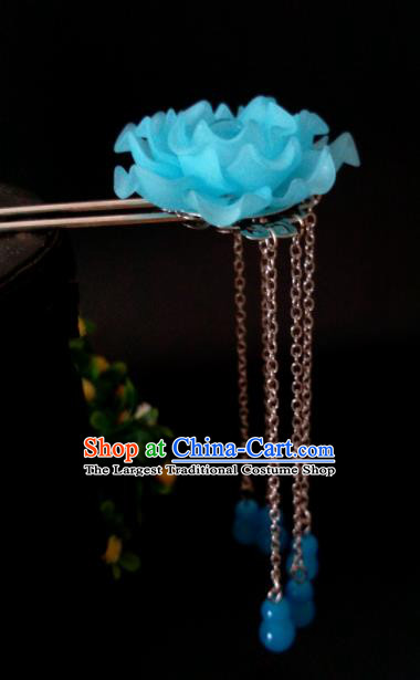 Chinese Handmade Hanfu Palace Hairpins Blue Peony Tassel Hair Clip Traditional Ancient Princess Hair Accessories for Women