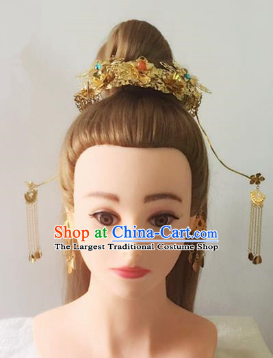 Handmade Chinese Traditional Hanfu Golden Hair Comb Hairpins Ancient Tang Dynasty Princess Hair Accessories for Women