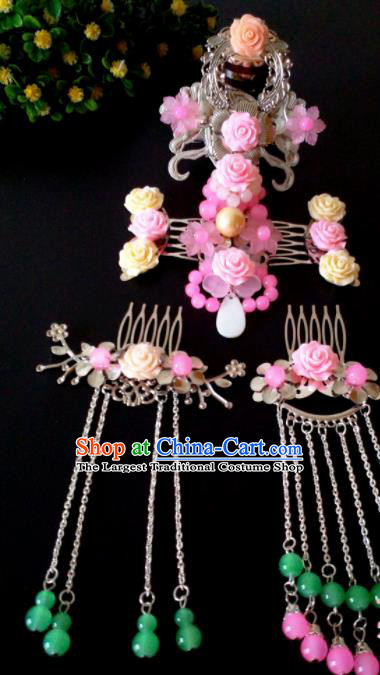 Chinese Handmade Hanfu Palace Hairpins Pink Flowers Phoenix Coronet Traditional Ancient Princess Hair Accessories for Women
