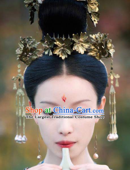 Chinese Handmade Hanfu Tang Dynasty Hair Crown Royal Lady Golden Hairpins Traditional Ancient Imperial Consort Hair Accessories for Women