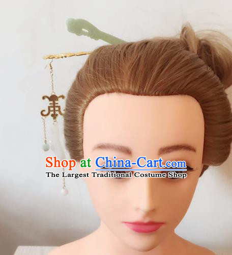 Handmade Chinese Palace Jade Moon Hair Clip Princess Tassel Hairpins Ancient Traditional Hanfu Hair Accessories for Women