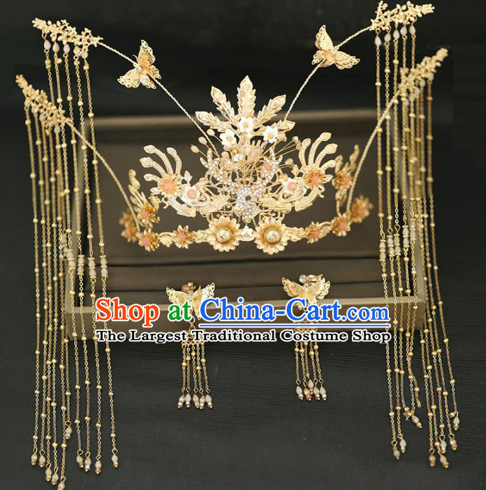 Handmade Chinese Ancient Wedding Tassel Phoenix Coronet Hairpins Traditional Bride Hanfu Hair Accessories for Women