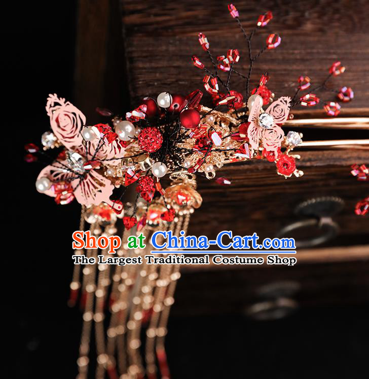 Handmade Chinese Wedding Pink Butterfly Hair Comb Tassel Hairpins Ancient Traditional Hanfu Hair Accessories for Women