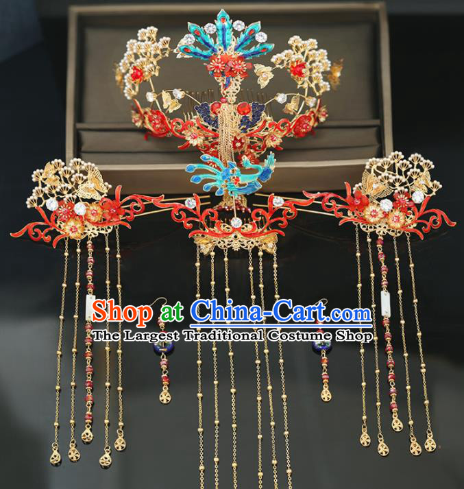 Handmade Chinese Ancient Wedding Hairpins Cloisonne Phoenix Coronet Traditional Bride Hanfu Hair Accessories for Women
