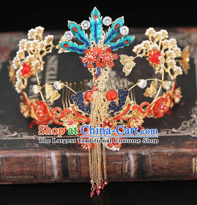 Handmade Chinese Ancient Wedding Hairpins Cloisonne Phoenix Coronet Traditional Bride Hanfu Hair Accessories for Women