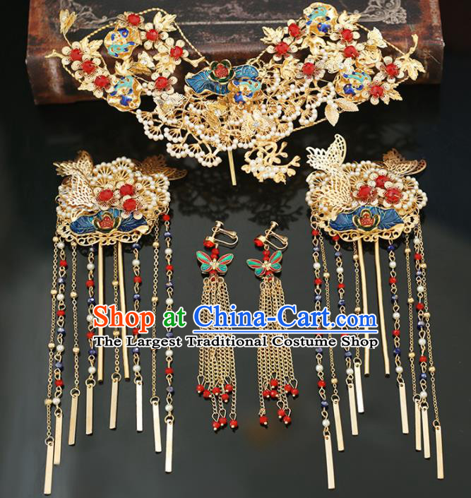 Handmade Chinese Ancient Wedding Hairpins Blueing Lotus Hair Crown Traditional Bride Hanfu Hair Accessories for Women