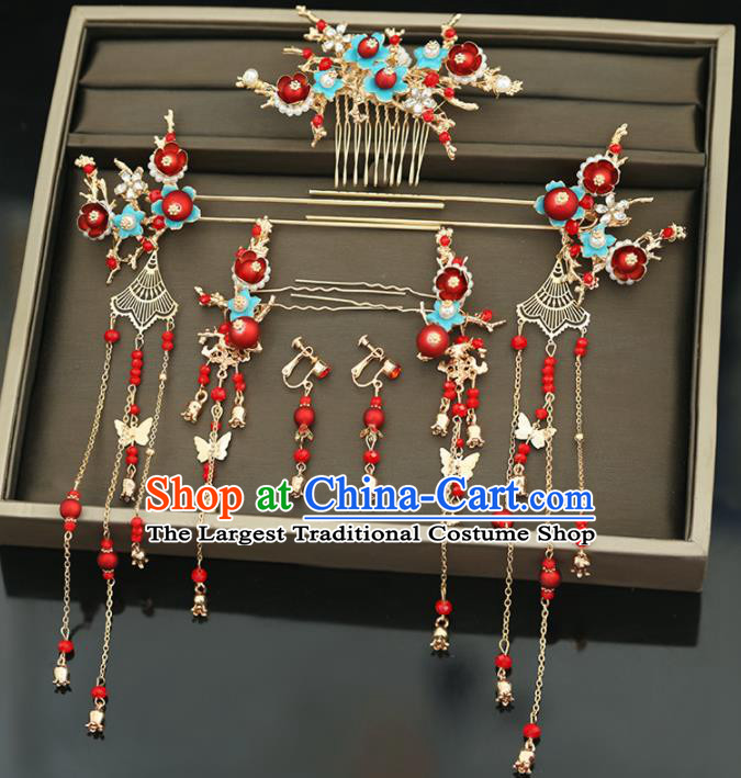 Handmade Chinese Ancient Wedding Hairpins Red Beads Hair Comb Traditional Bride Hanfu Hair Accessories for Women
