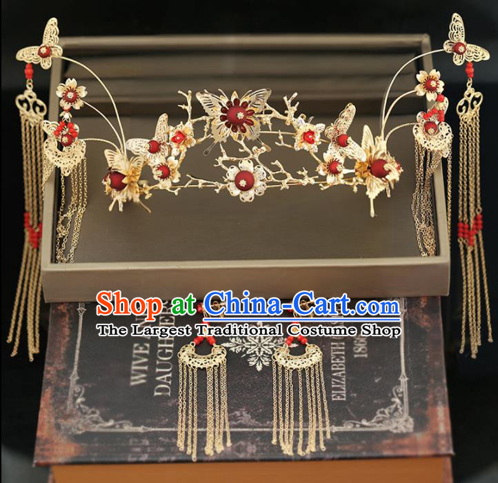Handmade Chinese Ancient Wedding Tassel Hairpins Red Beads Phoenix Coronet Traditional Bride Hanfu Hair Accessories for Women
