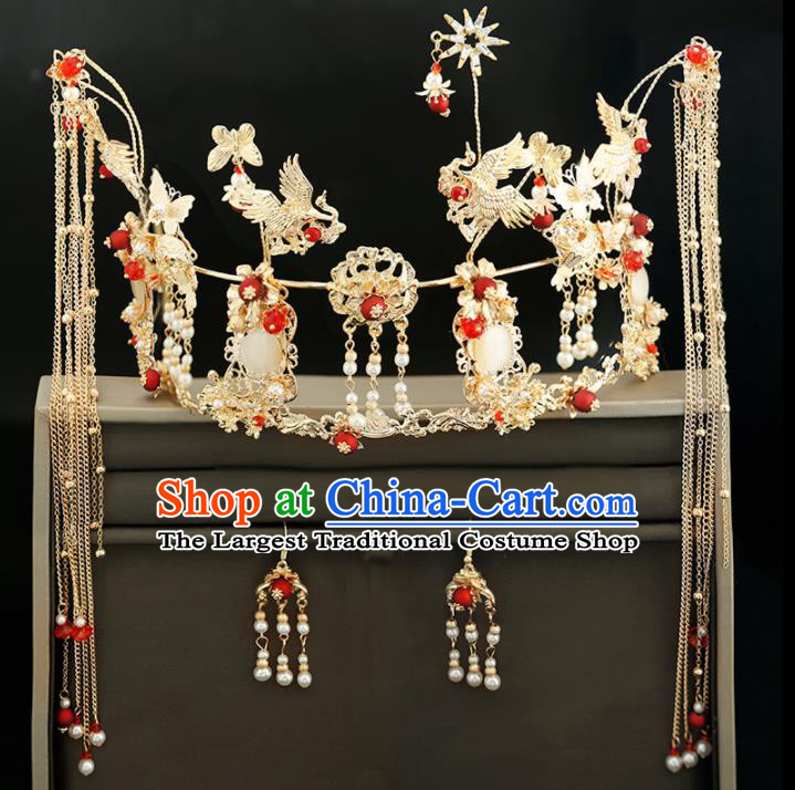 Handmade Chinese Ancient Wedding Tassel Hairpins Cranes Phoenix Coronet Traditional Bride Hanfu Hair Accessories for Women