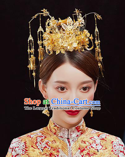 Handmade Chinese Wedding Golden Phoenix Coronet Tassel Hairpins Ancient Traditional Hanfu Hair Accessories for Women
