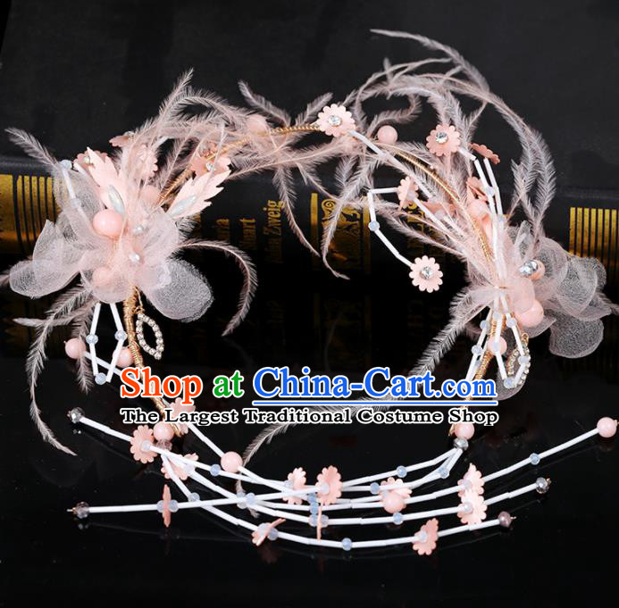Top Grade Handmade Baroque Princess Pink Feather Hair Clasp Wedding Bride Hair Accessories for Women