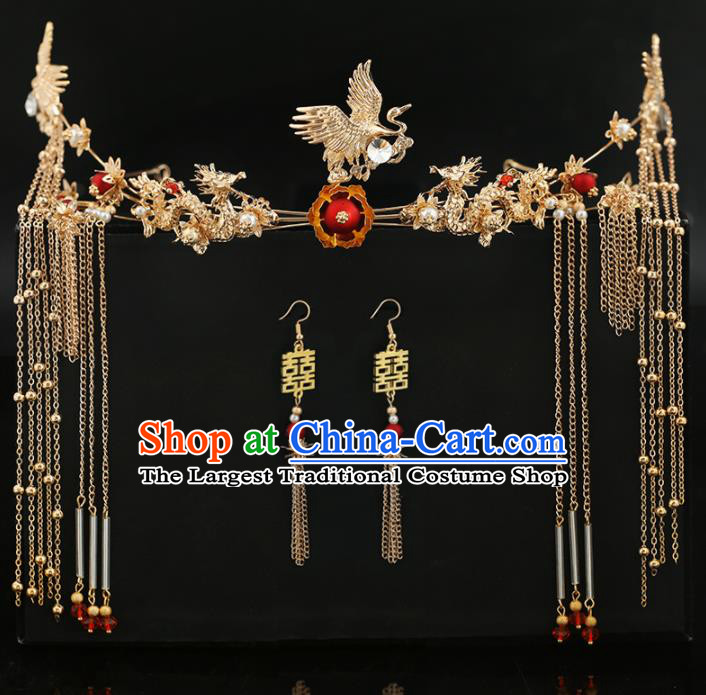 Handmade Chinese Ancient Wedding Bride Crane Hair Clasp Tassel Hairpins Traditional Hanfu Hair Accessories for Women