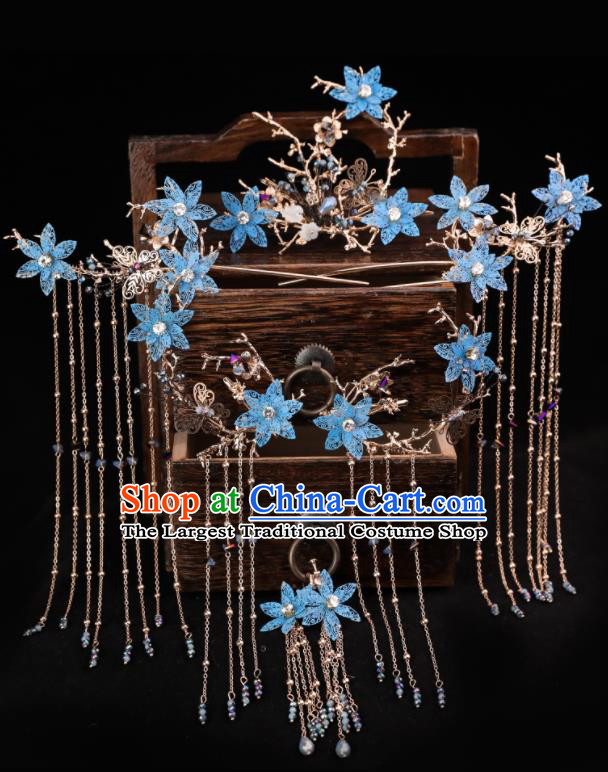 Handmade Chinese Wedding Hairpins Blue Flowers Phoenix Coronet Ancient Traditional Hanfu Hair Accessories for Women