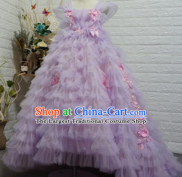 Top Grade Modern Fancywork Court Princess Purple Veil Trailing Dress Catwalks Compere Stage Show Dance Costume for Kids