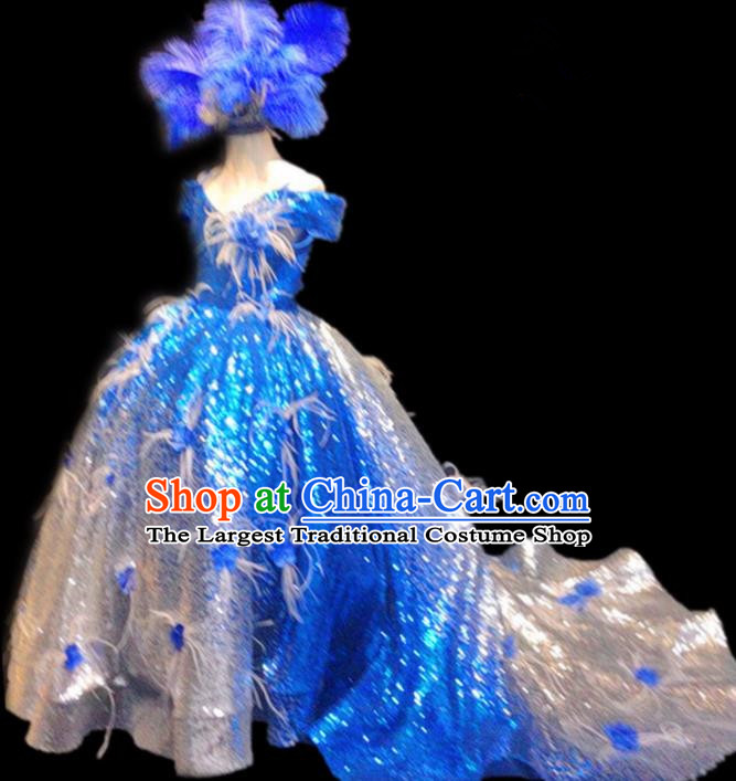 Top Grade Stage Show Costume Catwalks Princess Blue Paillette Trailing Full Dress for Kids