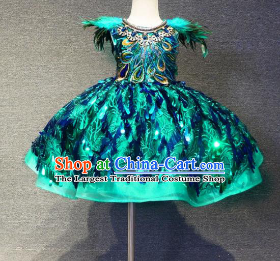 Top Grade Modern Fancywork Court Princess Peacock Feather Green Dress Catwalks Compere Stage Show Dance Costume for Kids