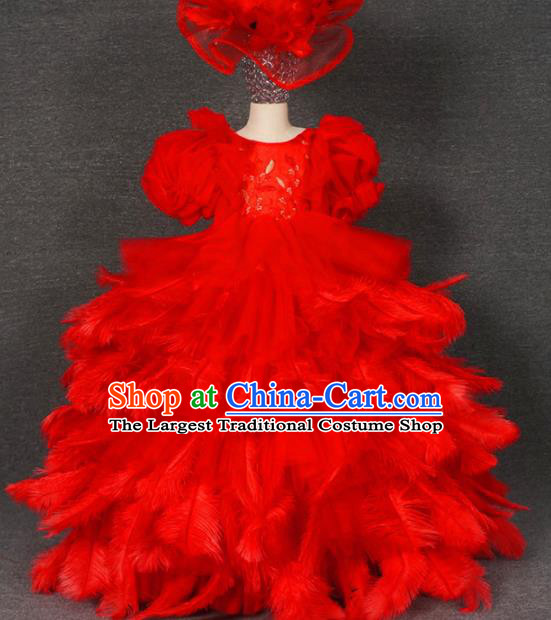 Top Grade Modern Fancywork Court Princess Red Feather Dress Catwalks Compere Stage Show Dance Costume for Kids