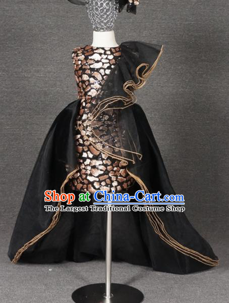 Top Grade Modern Fancywork Court Princess Black Veil Trailing Dress Catwalks Compere Stage Show Dance Costume for Kids