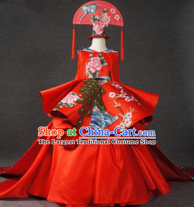 Chinese Stage Performance Embroidered Red Trailing Full Dress Catwalks Modern Fancywork Dance Costume for Kids