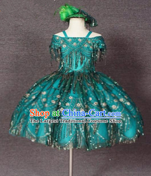 Top Grade Modern Fancywork Court Princess Peacock Green Dress Catwalks Compere Stage Show Dance Costume for Kids
