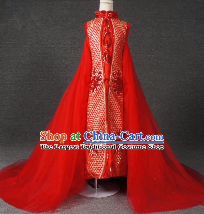 Chinese Stage Performance Embroidered Red Veil Trailing Full Dress Catwalks Modern Fancywork Dance Costume for Kids