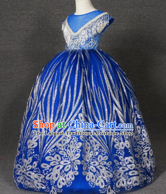 Top Grade Catwalks Court Princess Royalblue Dress Compere Modern Fancywork Stage Show Dance Costume for Kids