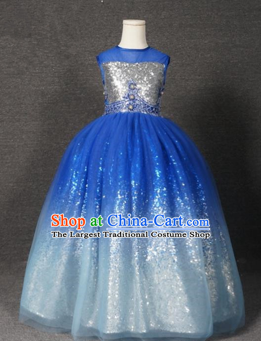 Top Grade Catwalks Court Princess Blue Veil Dress Compere Modern Fancywork Stage Show Dance Costume for Kids