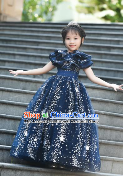 Top Grade Catwalks Court Princess Navy Veil Dress Compere Modern Fancywork Stage Show Dance Costume for Kids